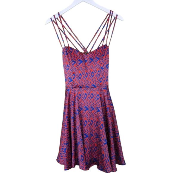 B Darlin dress orange blue strappy shirt fit & flare Aztec geometric 5 6 - Picture 1 of 6